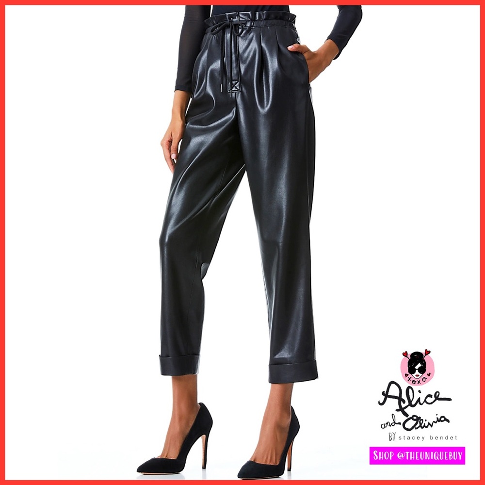 Alice + Olivia Liliana Black Vegan Leather Cropped Ankle Paper Bag Pant